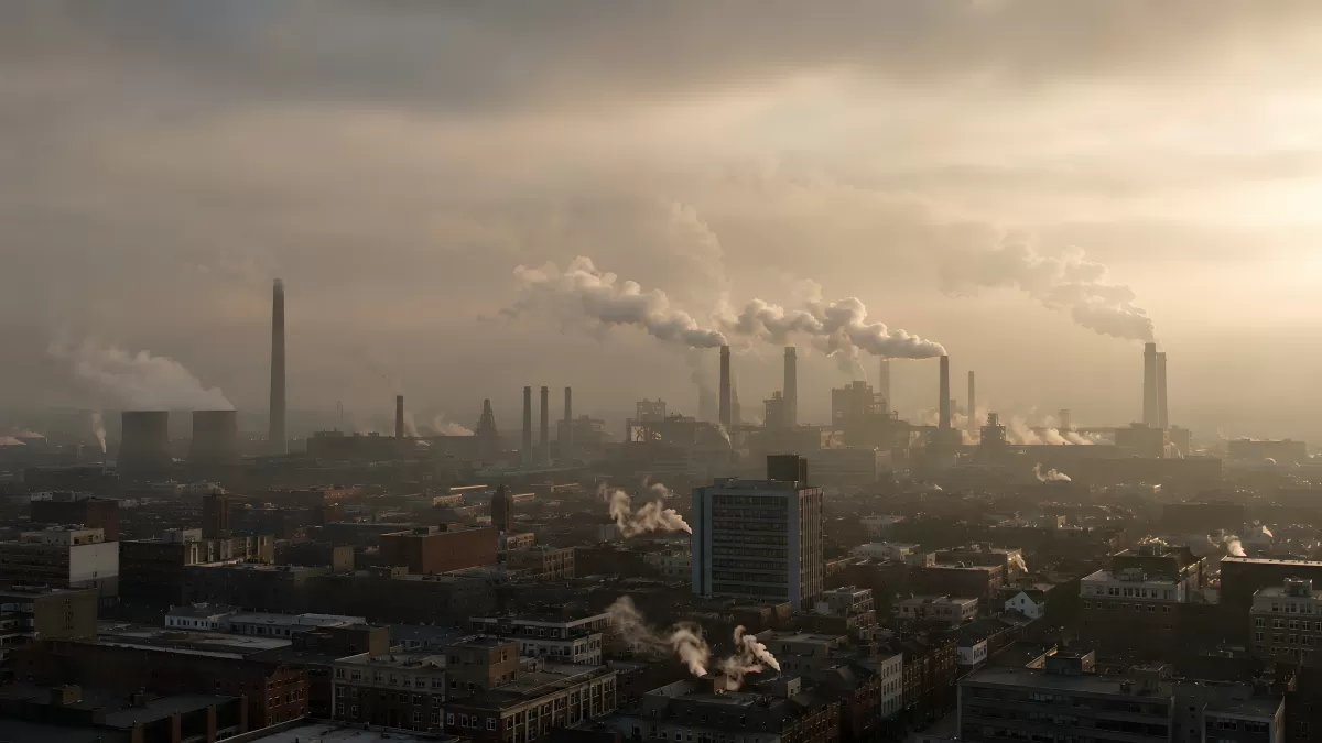 Industriestadt im Smog mit rauchenden Schloten