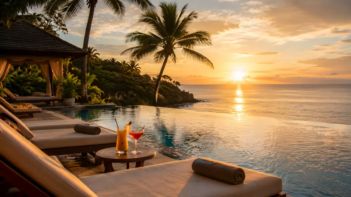 Infinity-Pool bei Sonnenuntergang am Meer mit Cocktails