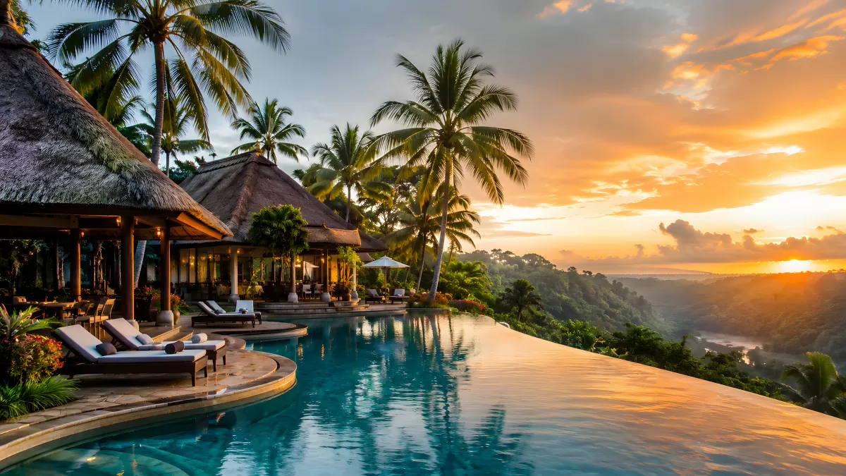 Infinity-Pool mit Tropenblick beim Sonnenuntergang