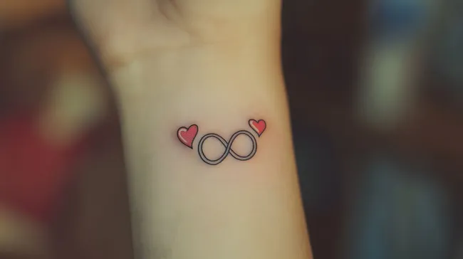 Infinity-Symbol-Tattoo mit roten Herzen am Handgelenk