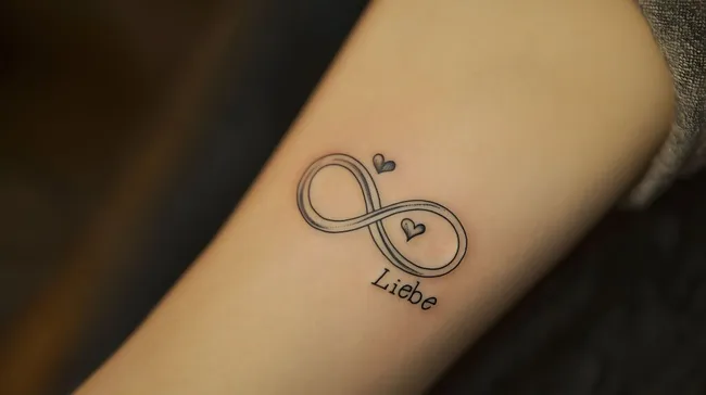 Infinity-Tattoo mit Herz und Schriftzug 'Liebe'