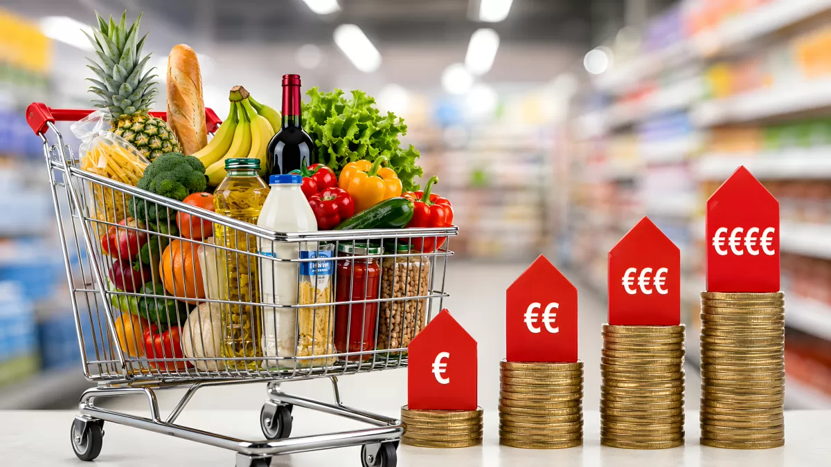 Inflation: Einkaufswagen mit Lebensmitteln und steigende Preise in Euro