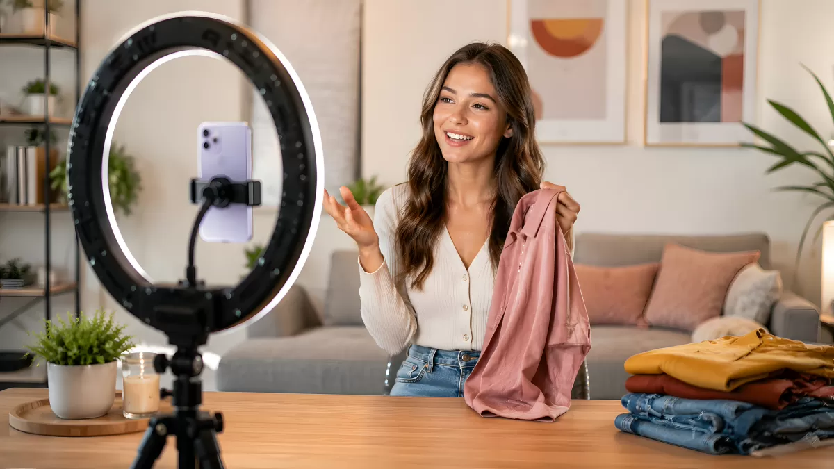 Influencerin präsentiert Mode vor Ringlicht zuhause