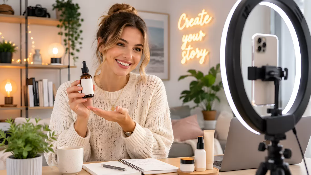 Influencerin präsentiert Serum vor Smartphone-Kamera