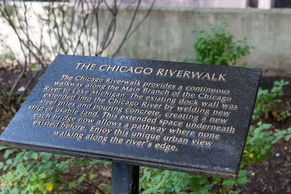 Information sign for the Chicago Riverwalk: pathway along the Chicago River to Lake Michigan