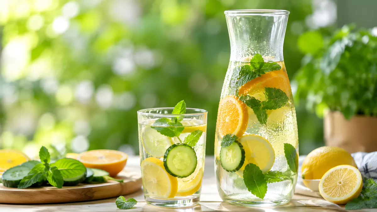 Infused Water mit Zitrone, Gurke und Minze