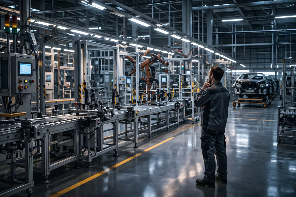 Ingenieur beobachtet Roboter in moderner Autofabrik