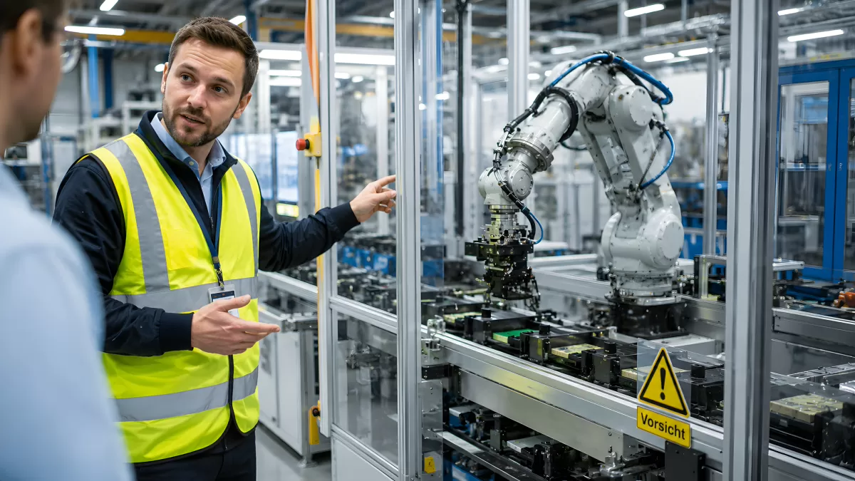 Ingenieur erklärt Industrieroboter in moderner Fabrik