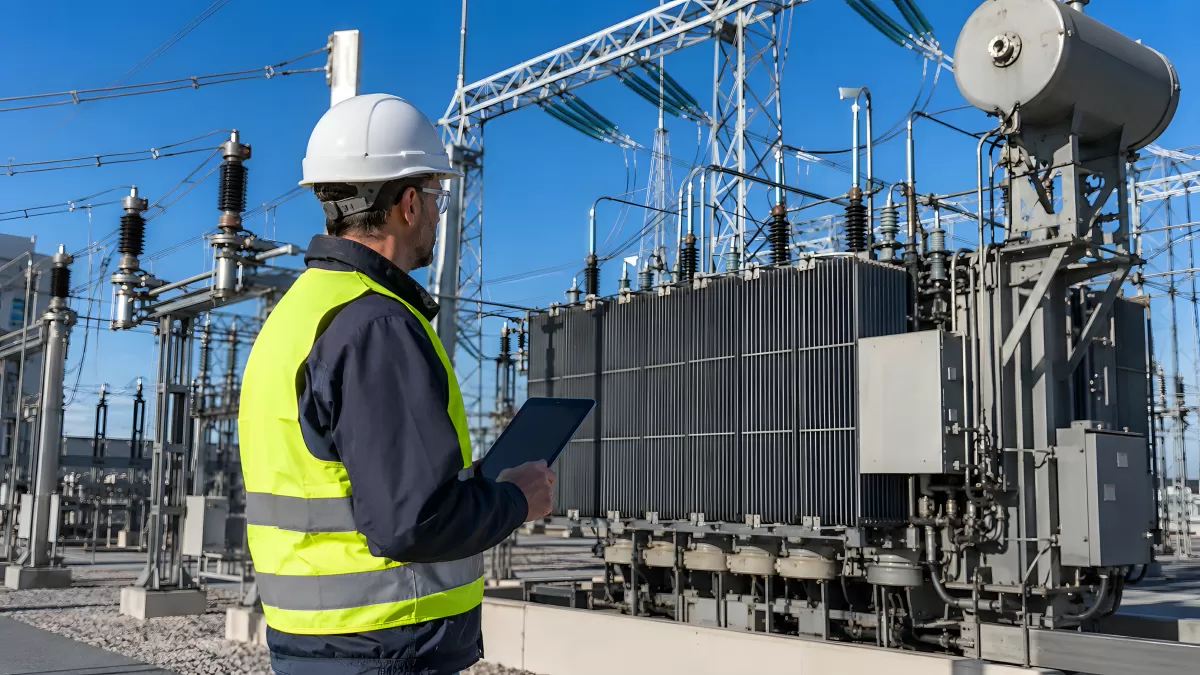 Ingenieur inspiziert Hochspannungsanlage mit Tablet