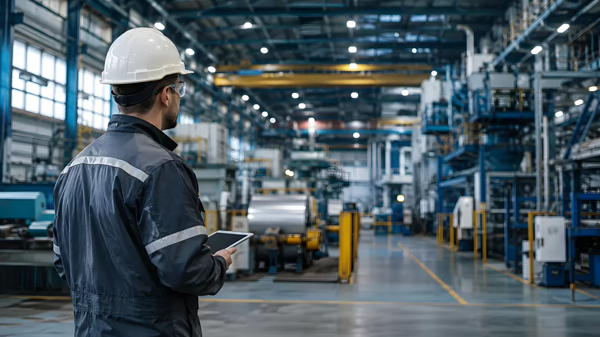 Ingenieur inspiziert Industriehalle mit Tablet