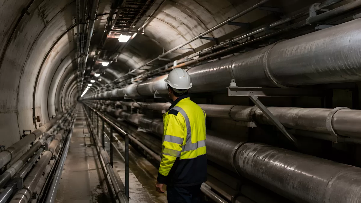 Ingenieur inspiziert unterirdischen Rohrtunnel