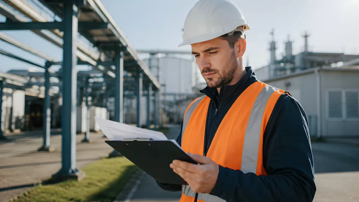 Ingenieur mit Klemmbrett bei Inspektion im Industriewerk