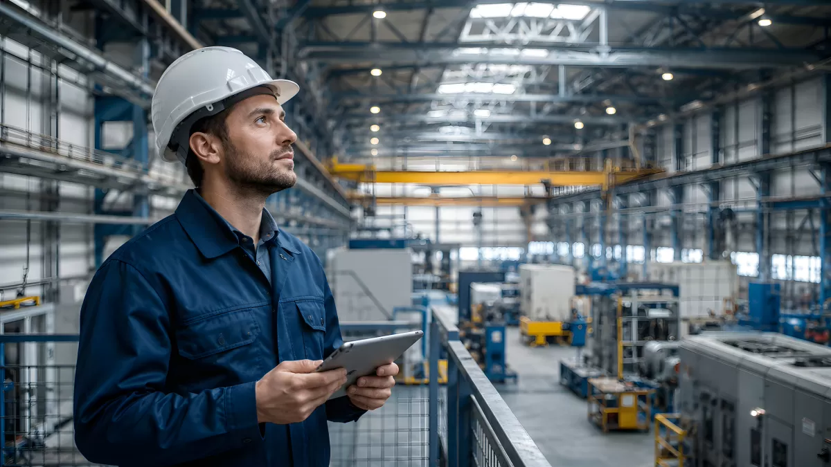 Ingenieur mit Tablet inspiziert moderne Industriehalle