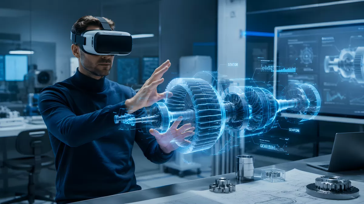 Ingenieur mit VR-Brille analysiert holografisches Getriebe
