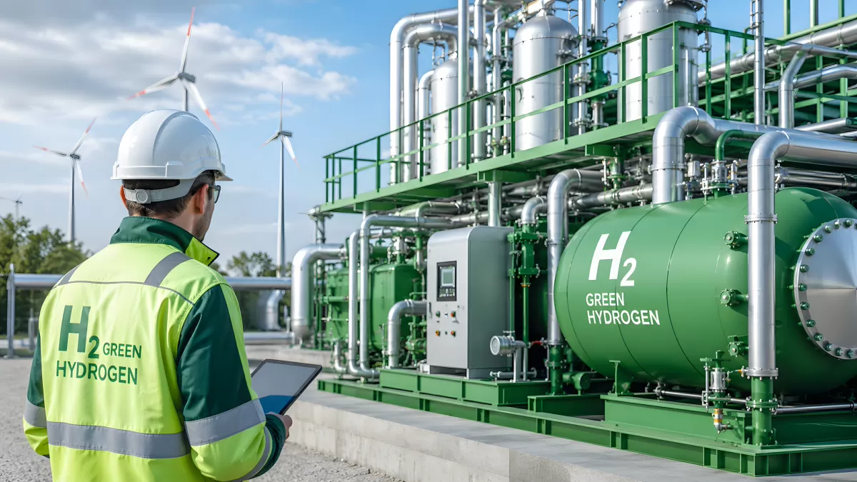 Ingenieur prüft Anlage für grünen Wasserstoff H2