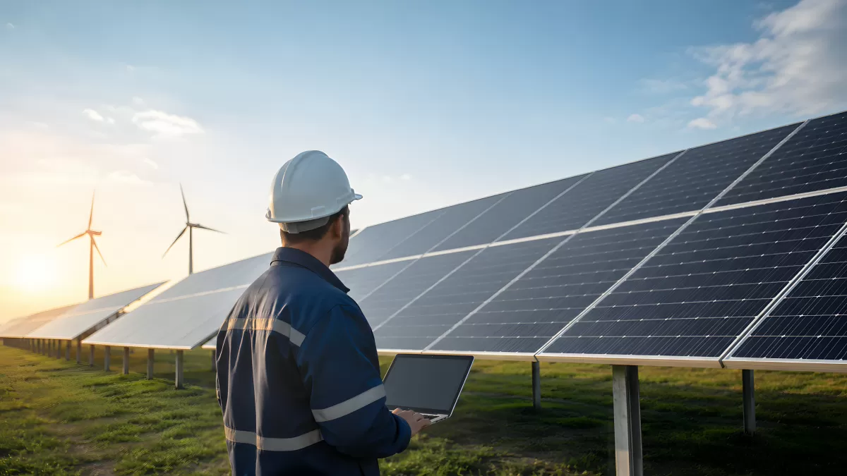Ingenieur prüft Solaranlage mit Laptop im Freien