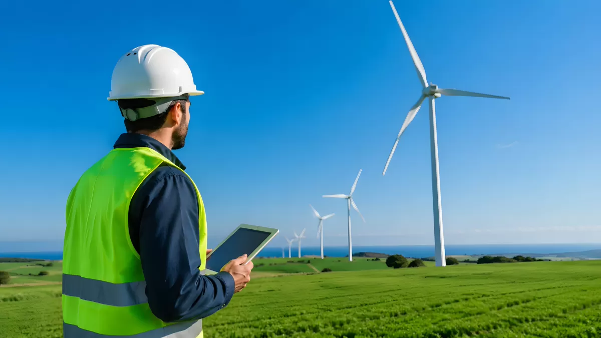 Ingenieur prüft Windpark auf grüner Wiese