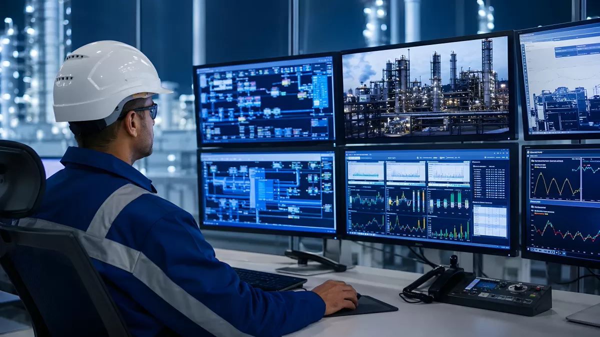 Ingenieur überwacht Industrieanlage am Kontrollpult
