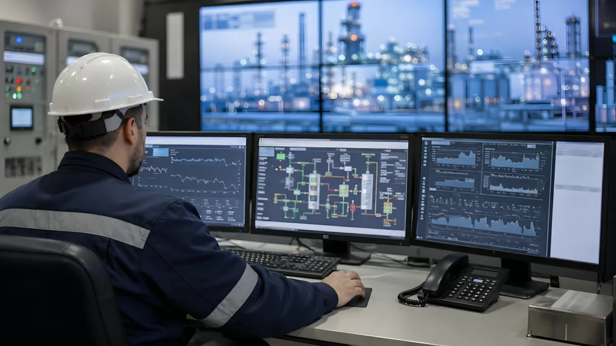 Ingenieur überwacht Industrieanlage an Kontrollmonitoren