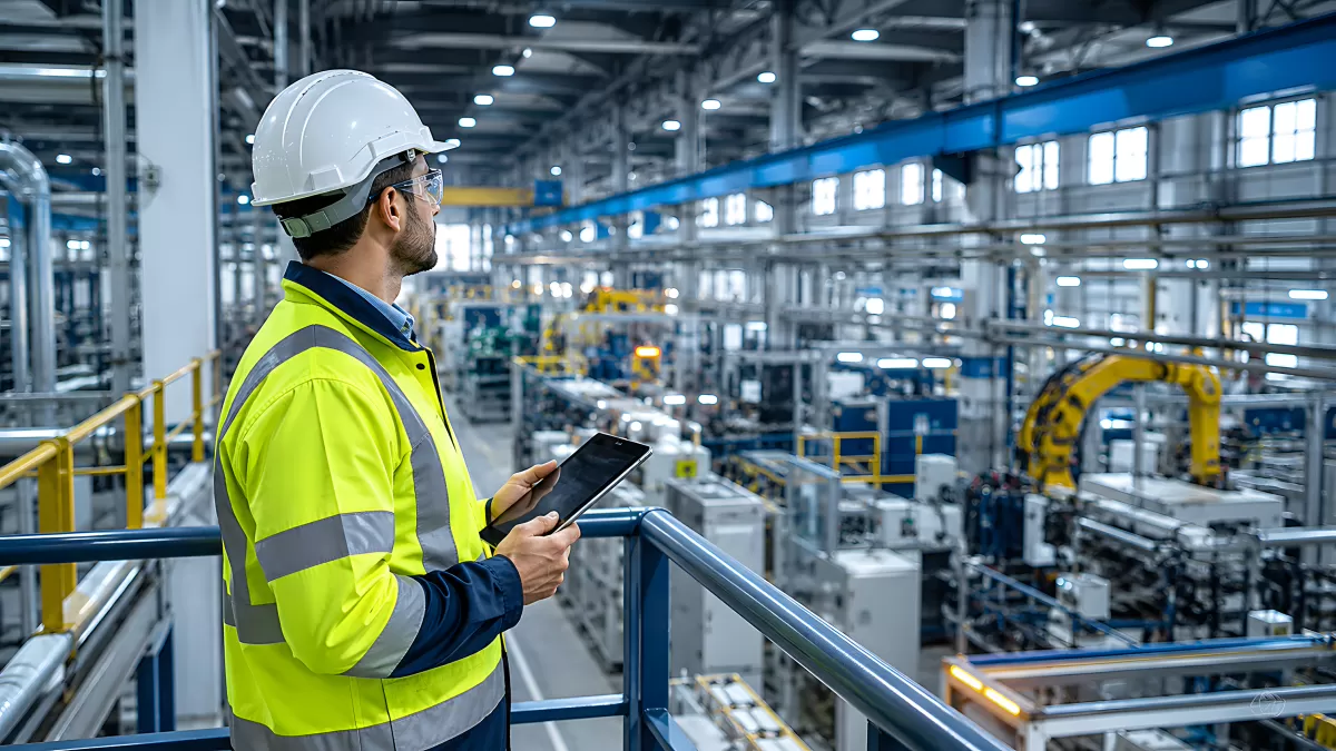 Ingenieur überwacht moderne Fabrikhalle mit Tablet