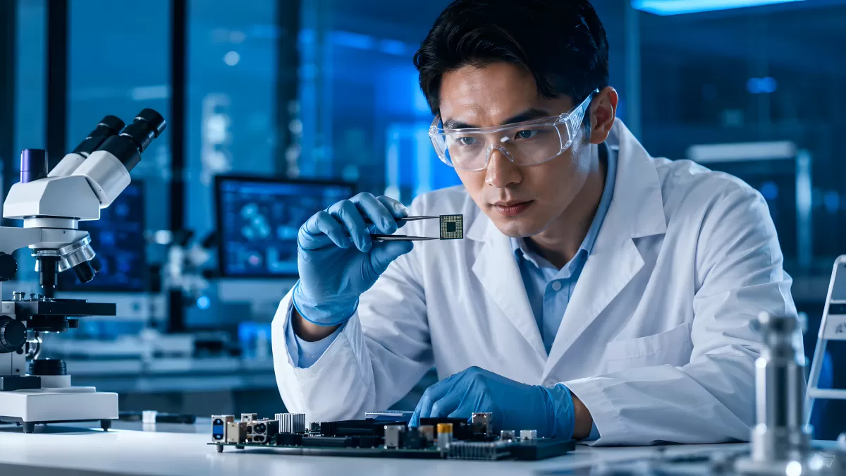 Ingenieur untersucht Computerchip im Labor