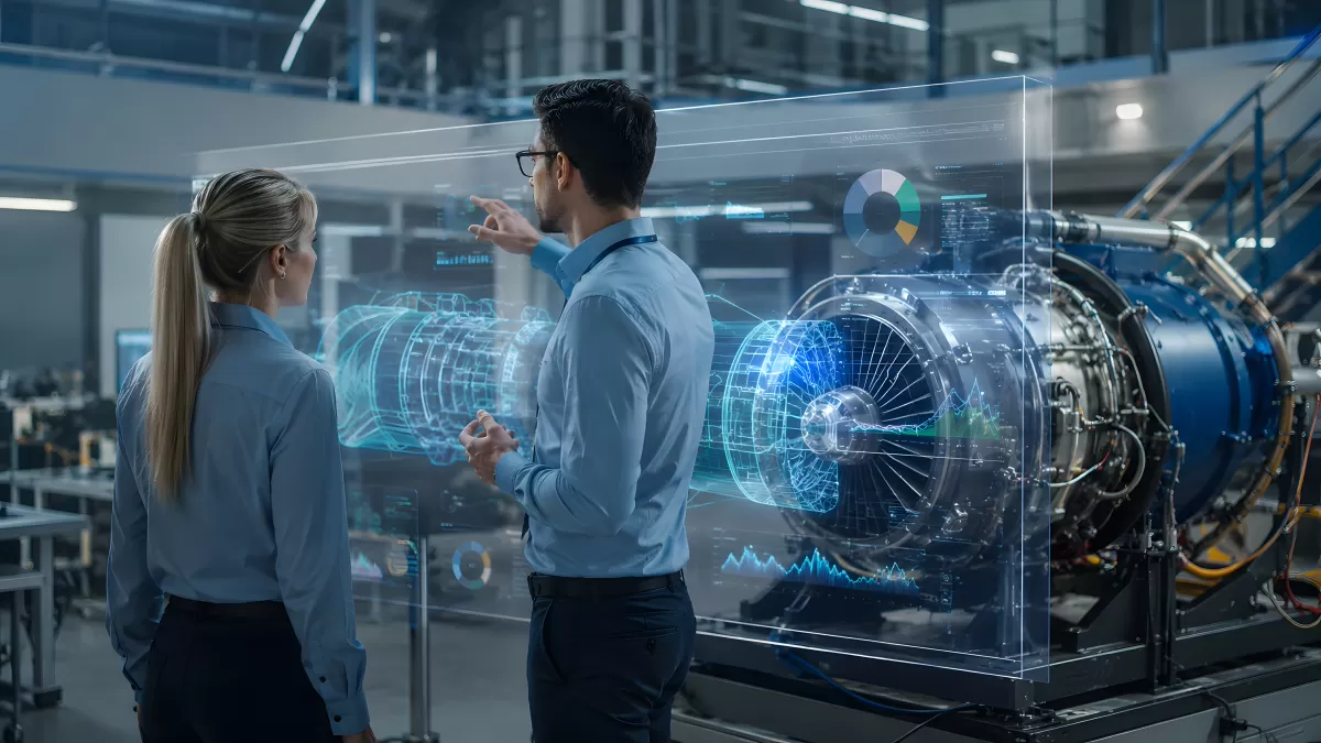 Ingenieure analysieren Triebwerk mit holografischer Anzeige