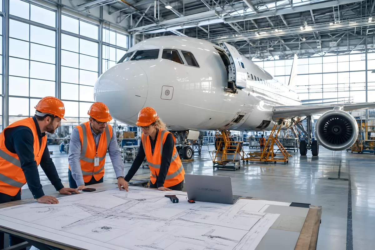 Ingenieure prüfen Baupläne im Flugzeughangar