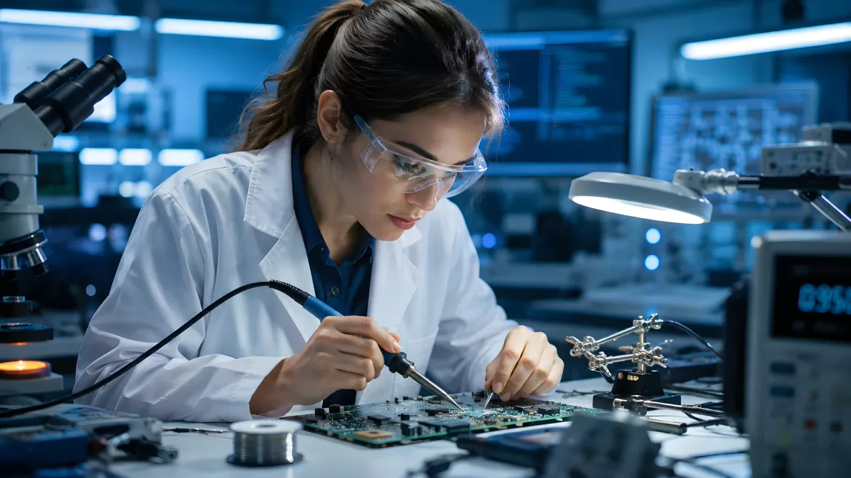 Ingenieurin lötet Platine in modernem Elektroniklabor