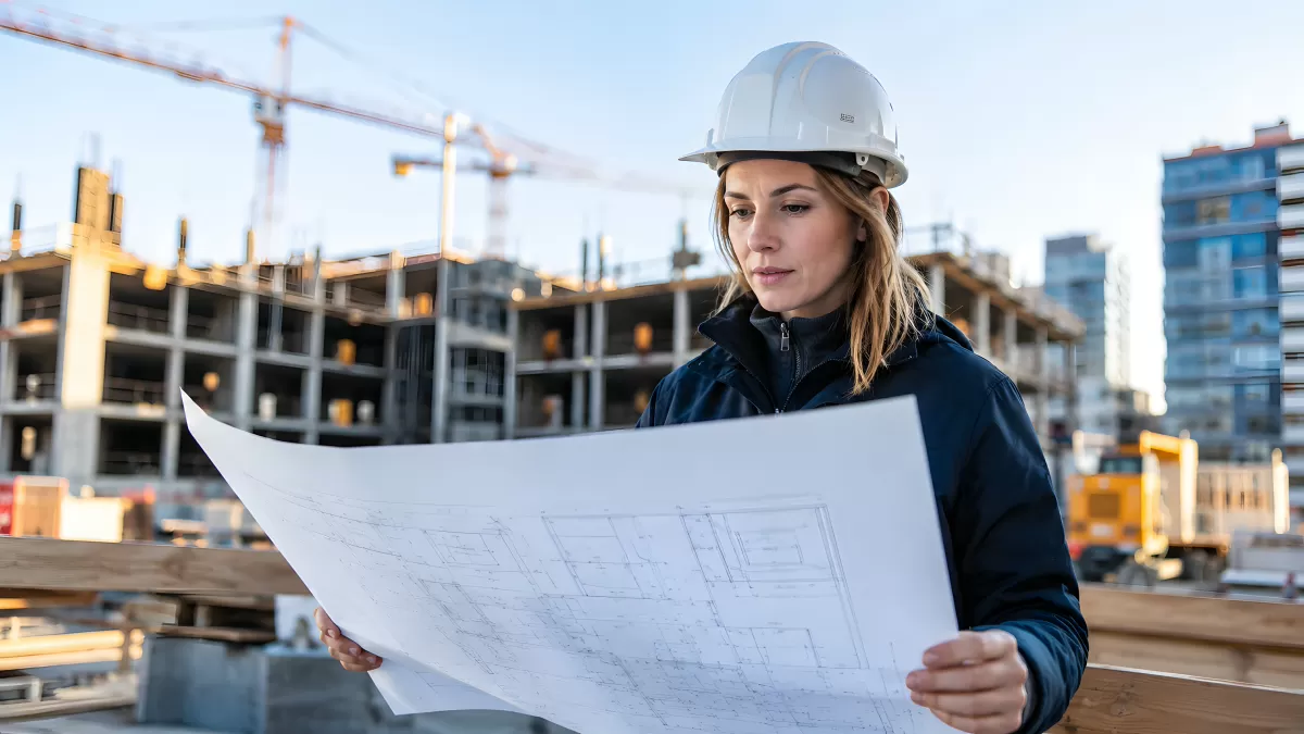 Ingenieurin prüft Baupläne auf einer Großbaustelle