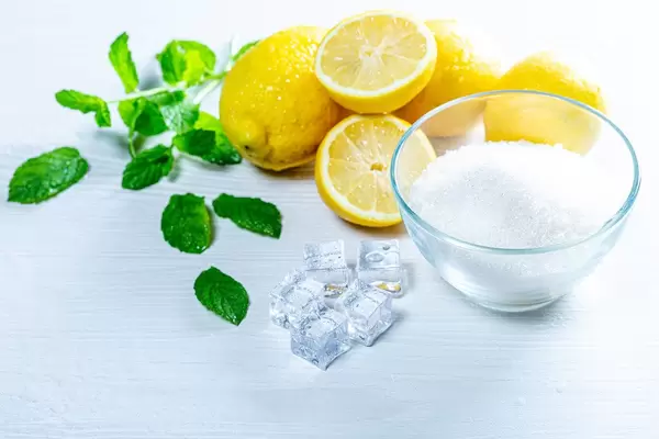 Ingredients for lemonade - sugar, lemons, mint leaves and ice (Flip 2019)