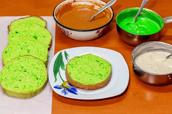 Ingredients for making homemade cake with green sponge cake, condensed milk and custards