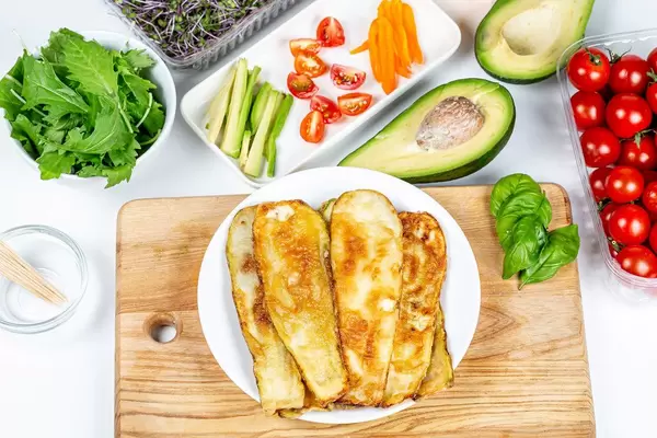 Ingredients for making zucchini rolls, top view