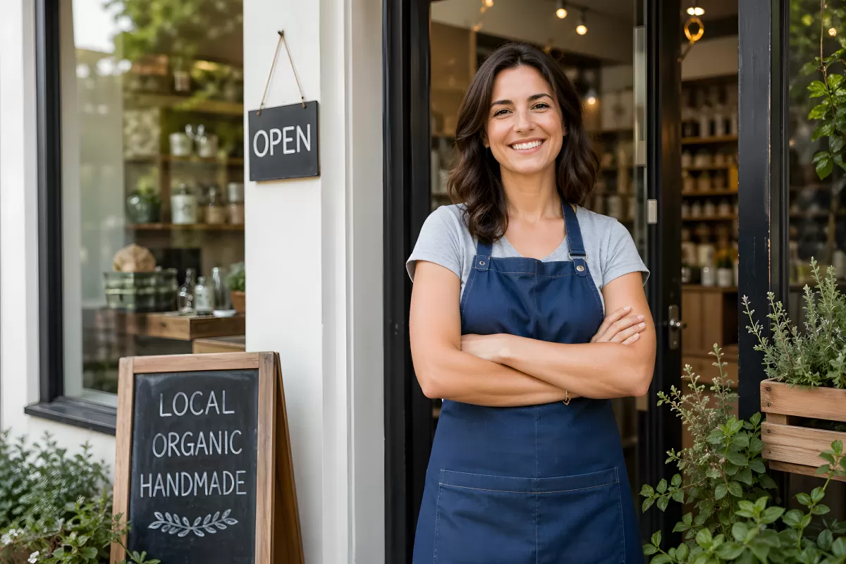 Inhaberin eines Bio-Ladens steht lächelnd vor ihrer Tür