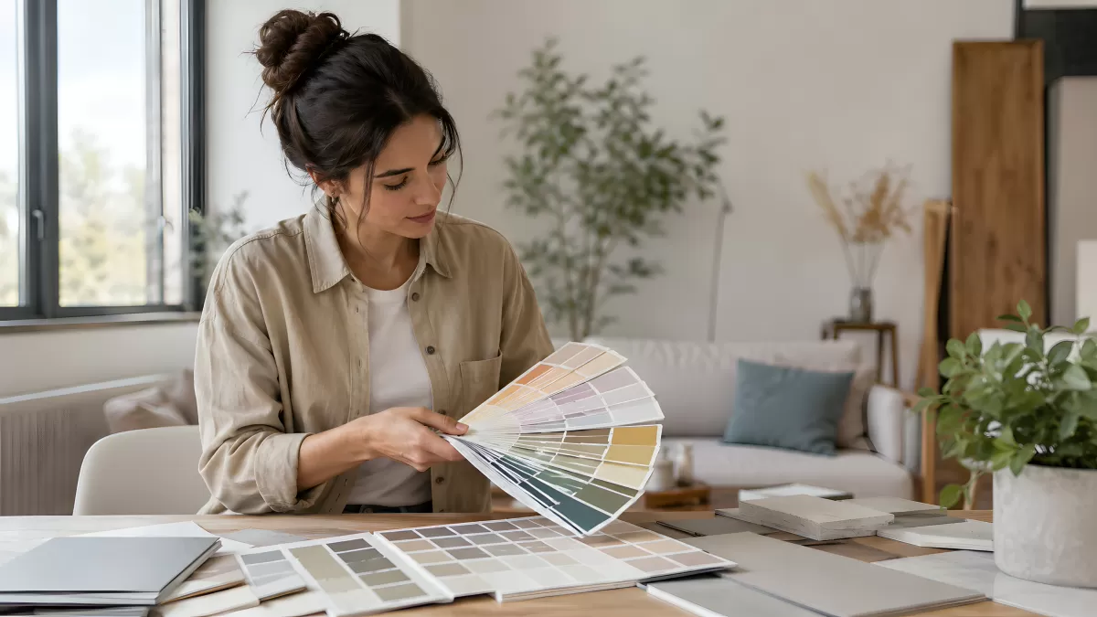 Innenarchitektin prüft Farbmuster für Raumgestaltung