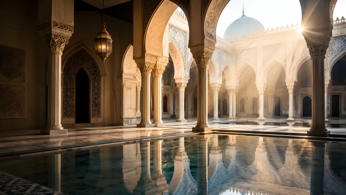 Innenhof einer Moschee mit Wasserbecken im Gegenlicht