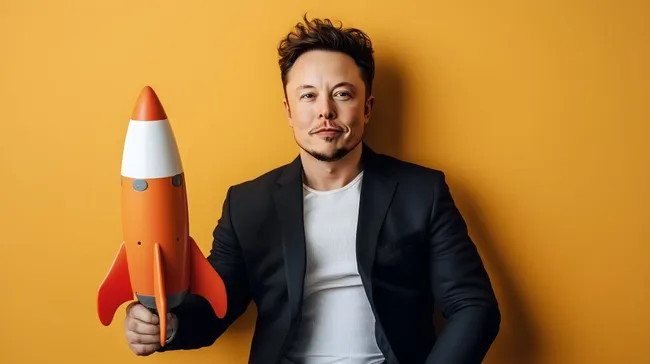 Innovativer Unternehmer mit Spielzeugrakete vor gelbem Hintergrund
