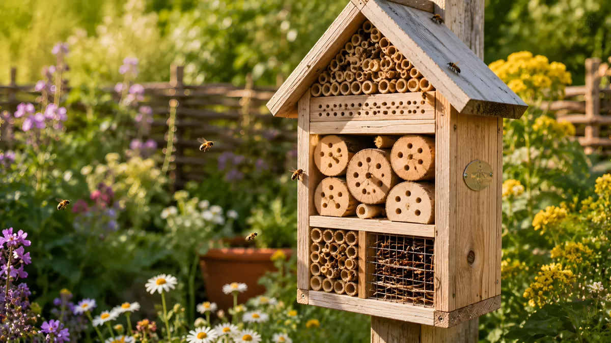 Insektenhotel im blühenden Garten mit Wildbienen