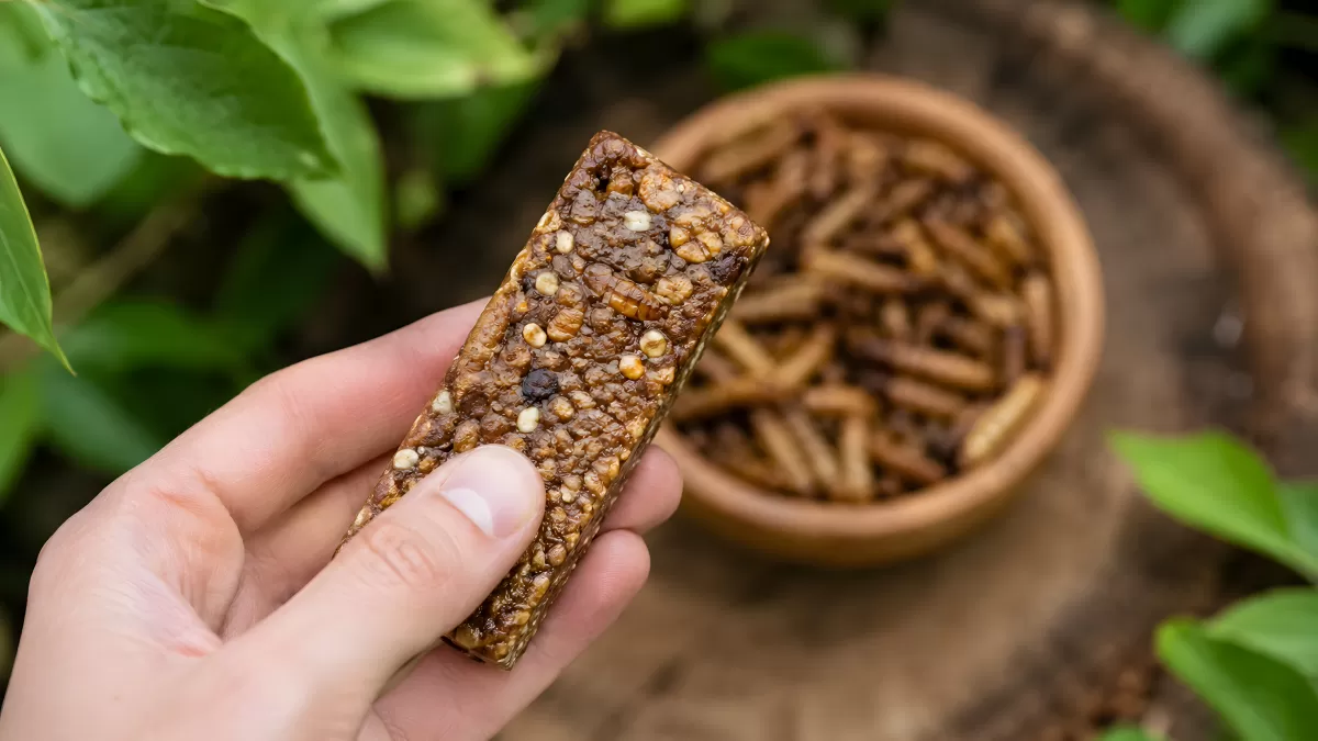 Insektenriegel aus Mehlwürmern in der Hand gehalten
