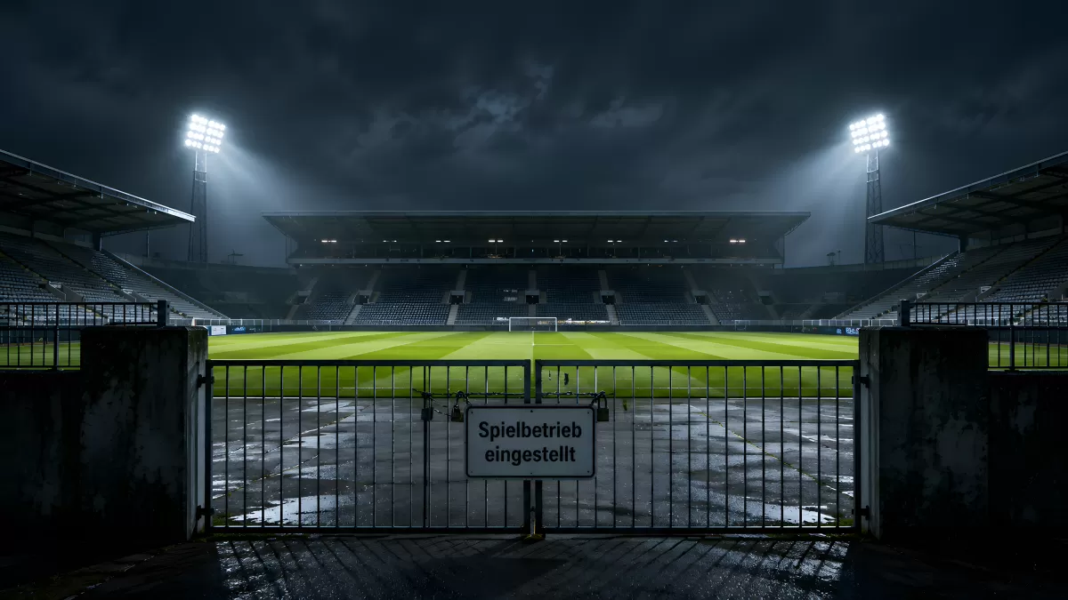 Insolvenz im Fußball: Leeres Stadion bei Nacht mit geschlossenem Tor