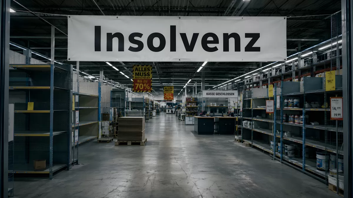 Insolvenz-Schild in leerem Baumarkt mit Räumungsverkauf
