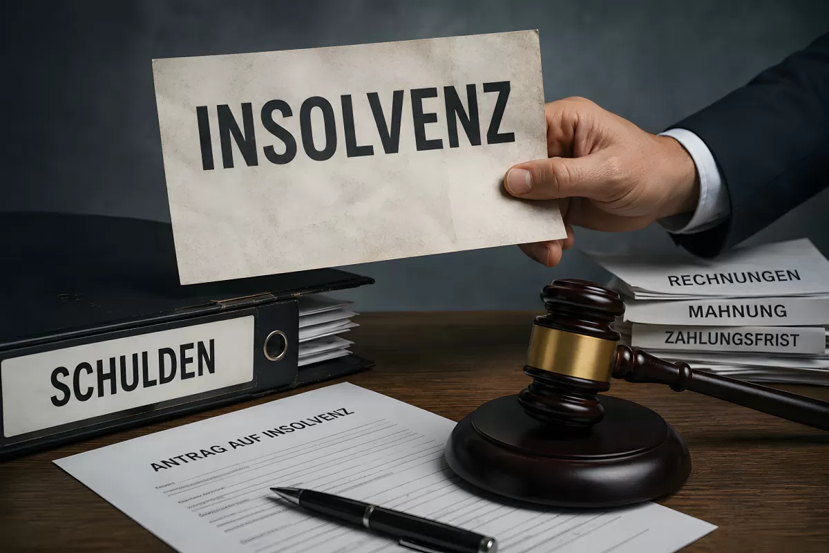 Insolvenzantrag mit Richterhammer und Schuldendokumenten