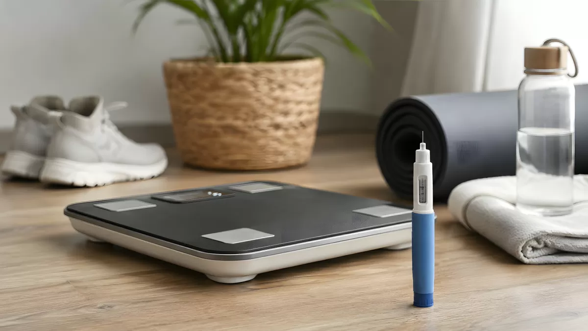 Insulin-Pen neben Körperwaage und Fitnessutensilien
