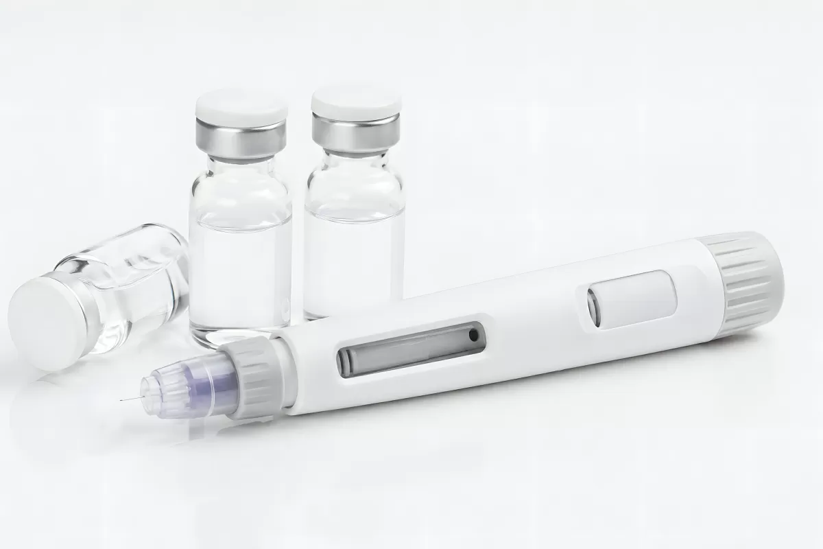 Insulinpen mit Nadel und Medikamentenfläschchen