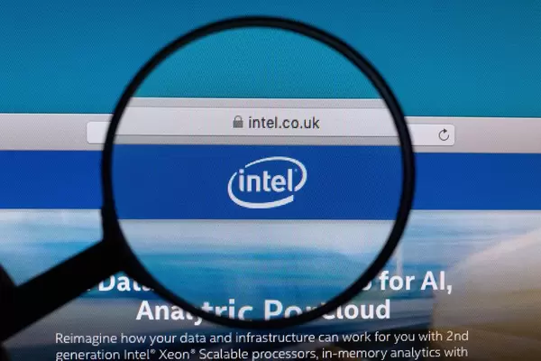 Intel logo under magnifying glass