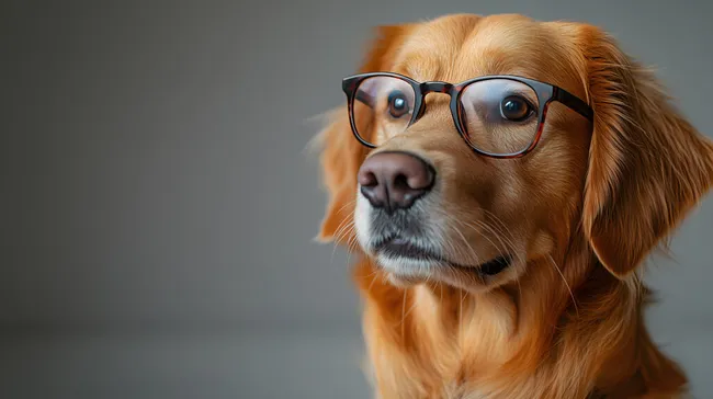 Intelligenter Hund mit Brille vor grauem Hintergrund