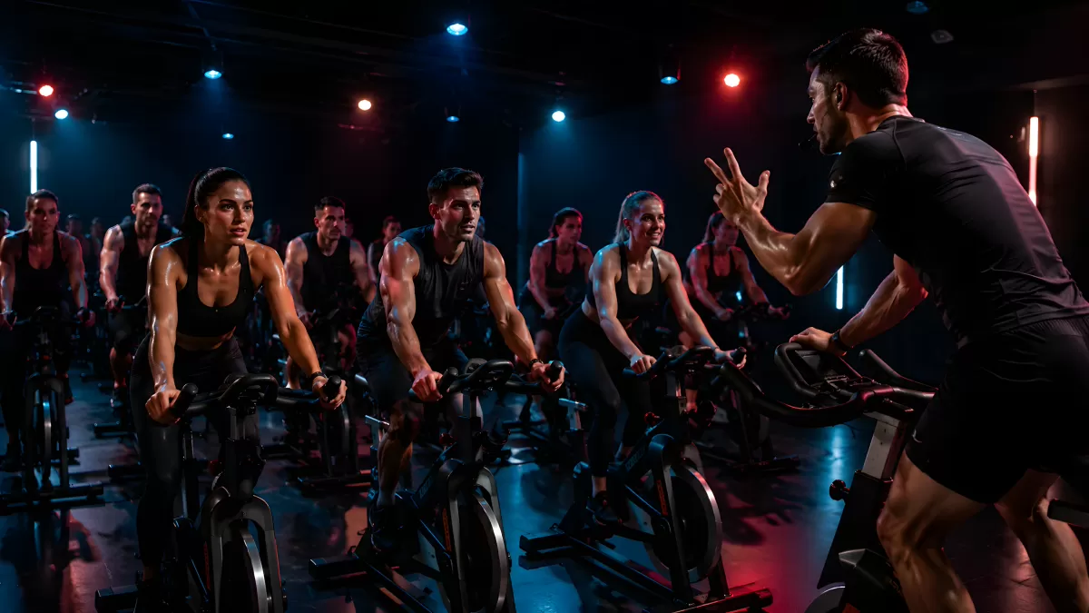 Intensives Spinning-Training mit Gruppe im Fitnessstudio