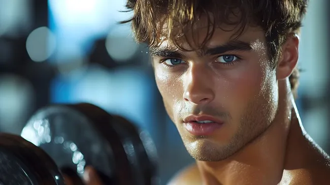 Intensives Workout im Fitnessstudio - Porträt junger Mann