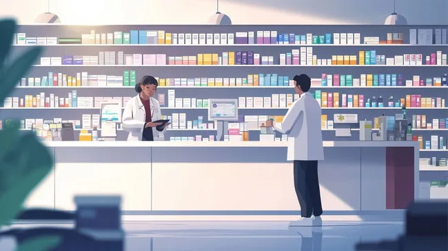 Interieur einer modernen Apotheke mit Produktauswahl