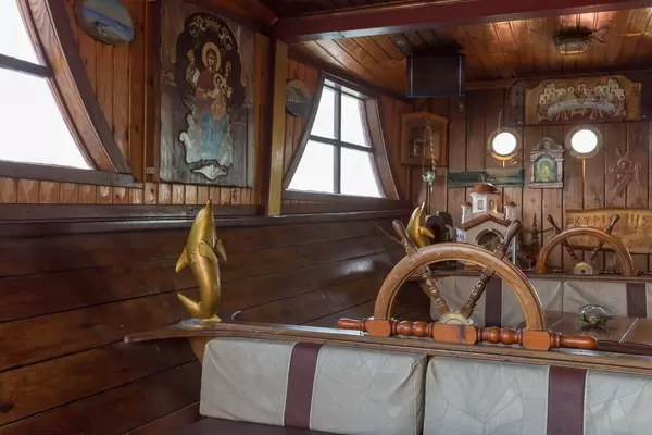 Interior of a Greek touring ship with religious motifs