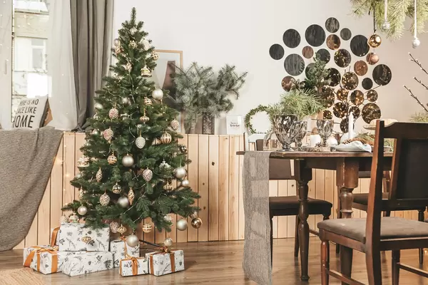 Interior of room with beautiful decorated christmas tree